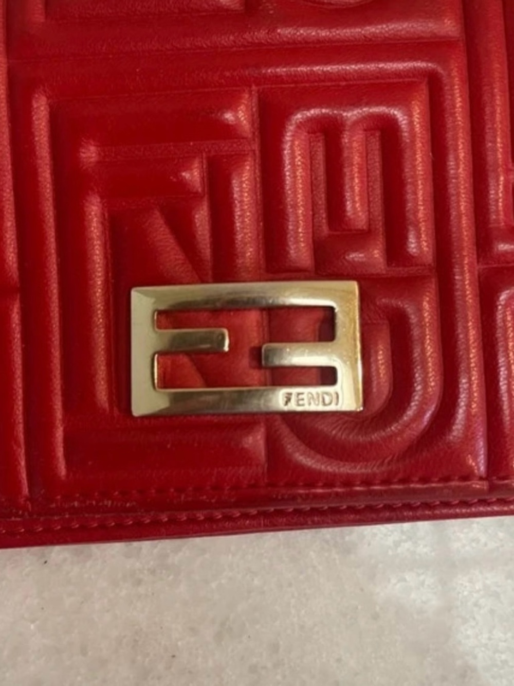 Fendi Red Embossed FF Logo Leather Clutch w/ Metal chain crossbody - Picture 3 of 12